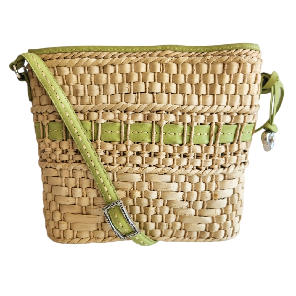 Brighton Carmella Straw & Leather Shoulder Handbag Adjustable Strap Lime Green